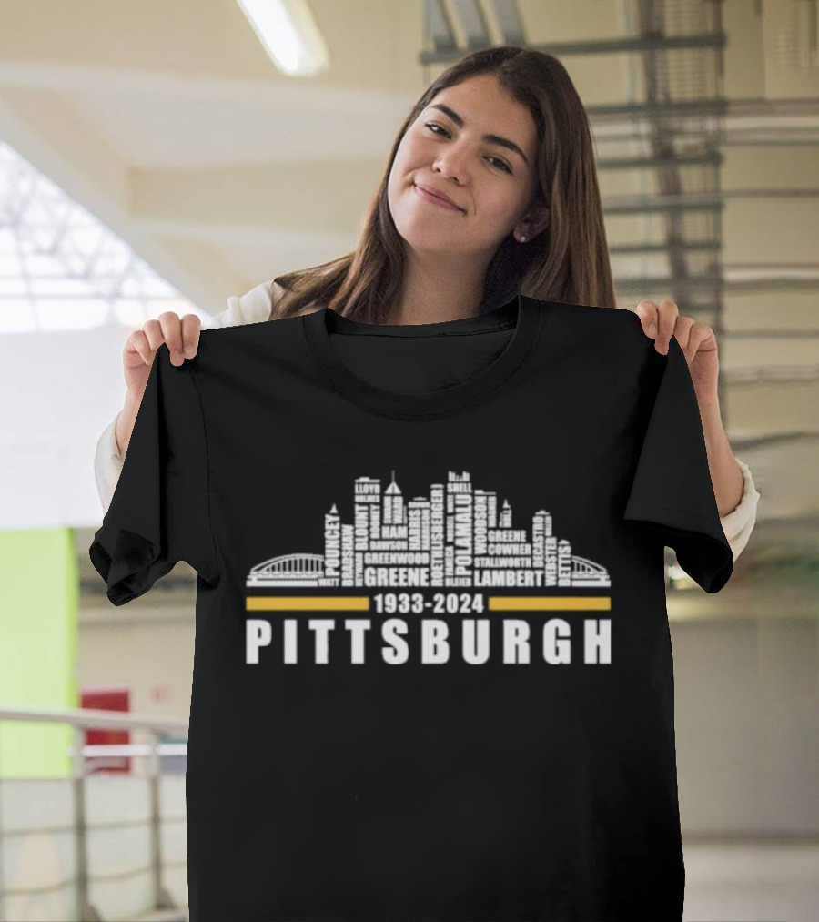 Pittsburgh 1933-2024 Football Legends Downtown Skyline with Greene Lambert and Stadium T-Shirt