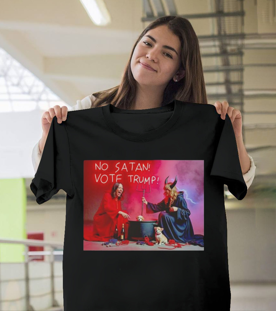 No Satan Vote Trump Red and Black Robes Devil Horns and Pitchfork T-Shirt