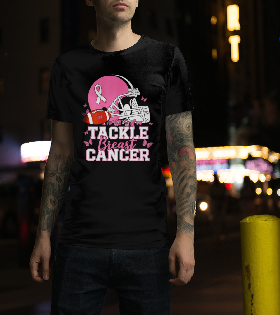 Tackle Breast Cancer Awareness Pink Football Helmet Ribbon Butterflies T-Shirt