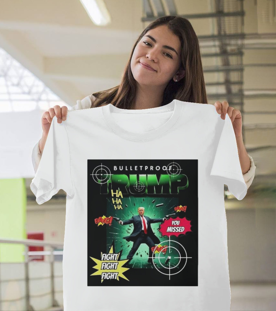 Bulletproof Trump Ha Ha Ha Fight Fight Fight You Missed Bang Comic Book Performance Fleece T-Shirt