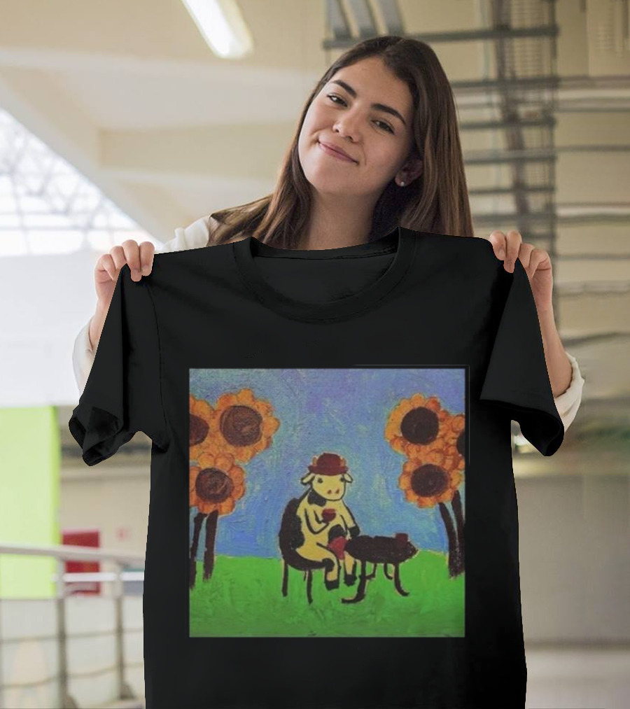 Tea Time Cow with Sunflowers and Hat T-Shirt