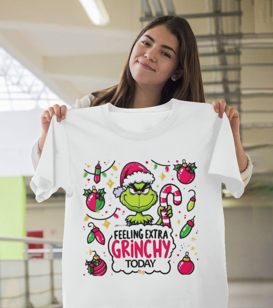 Feeling Extra Grinchy Today Christmas Grinch Santa Hat Candy Cane Ornaments T-Shirt