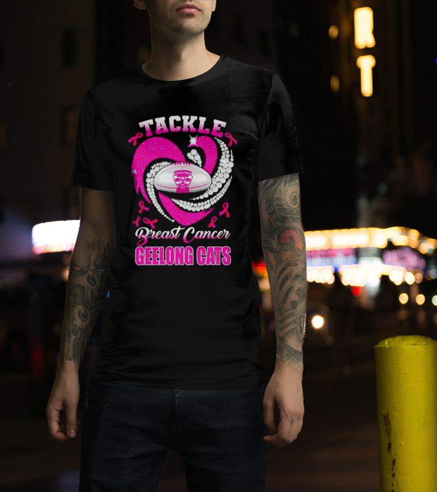 Tackle Breast Cancer Geelong Cats Pink Ribbon Football Heart T-Shirt