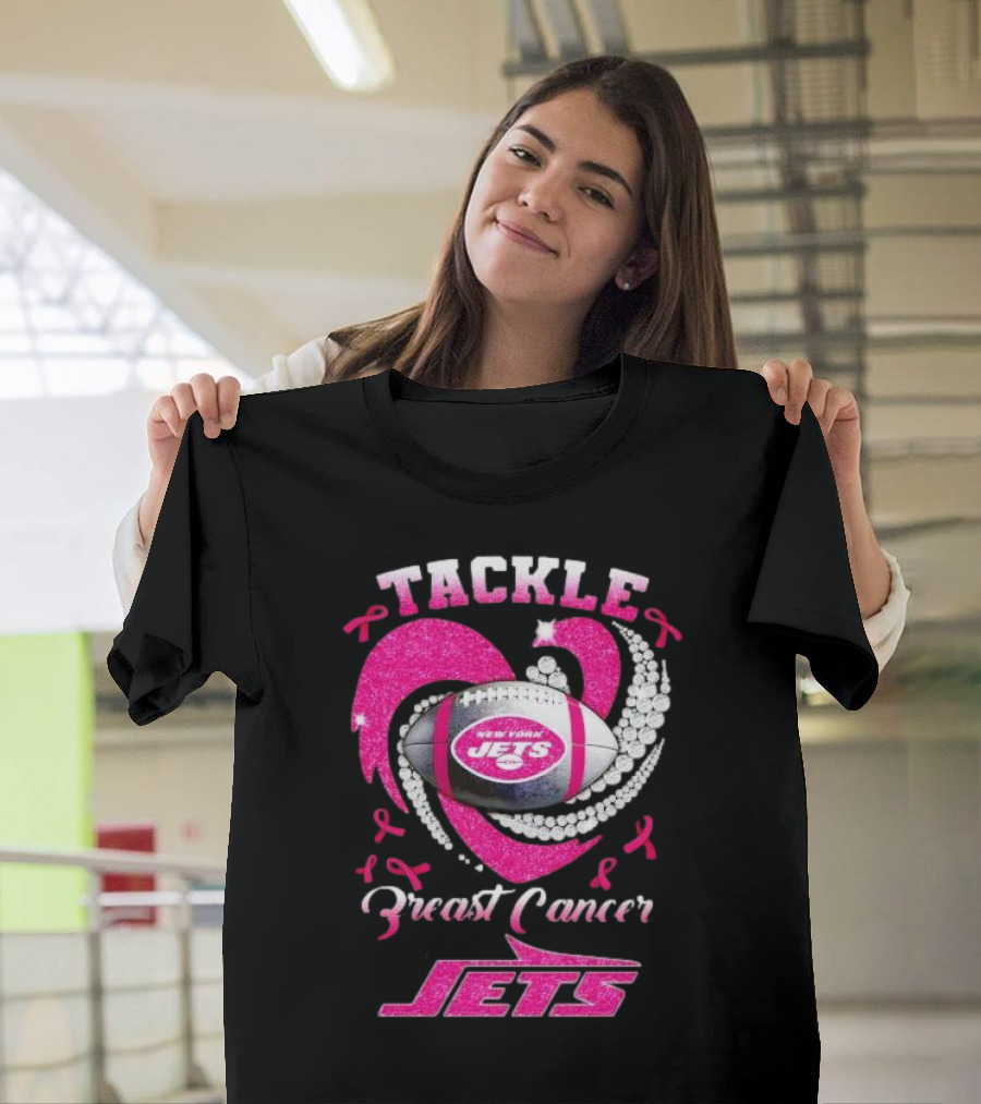 Tackle Breast Cancer New York Jets Football Heart Pink Ribbons T-Shirt