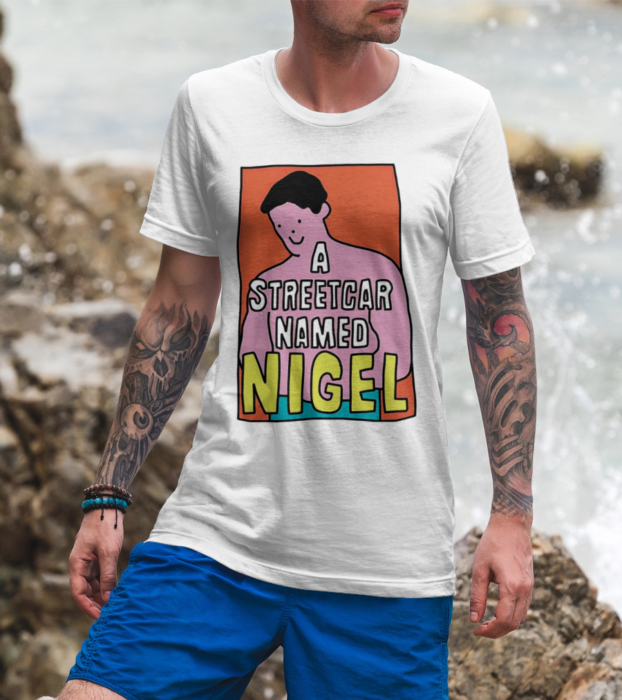 A Streetcar Named Nigel Pink Cartoon Character With Orange Background T-Shirt