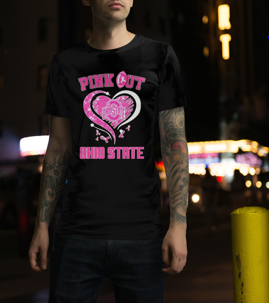 Ohio State Pink Out Breast Cancer Heart Football T-Shirt