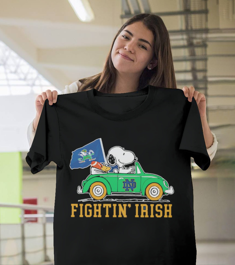 Snoopy and Woodstock Driving ND Car Fightin' Irish T-Shirt