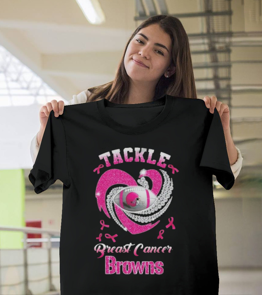 Tackle Breast Cancer Browns Pink Ribbon Football T-Shirt