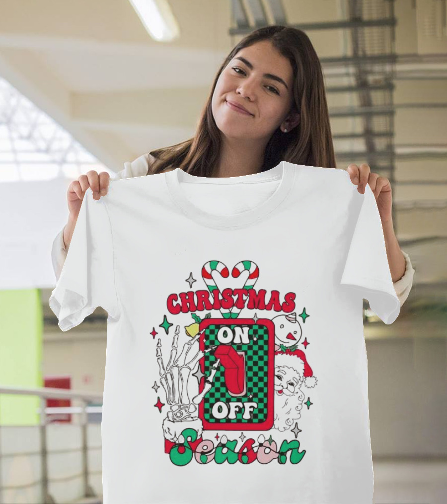 Christmas Season On Off Skeleton Hand Santa Claus T-Shirt