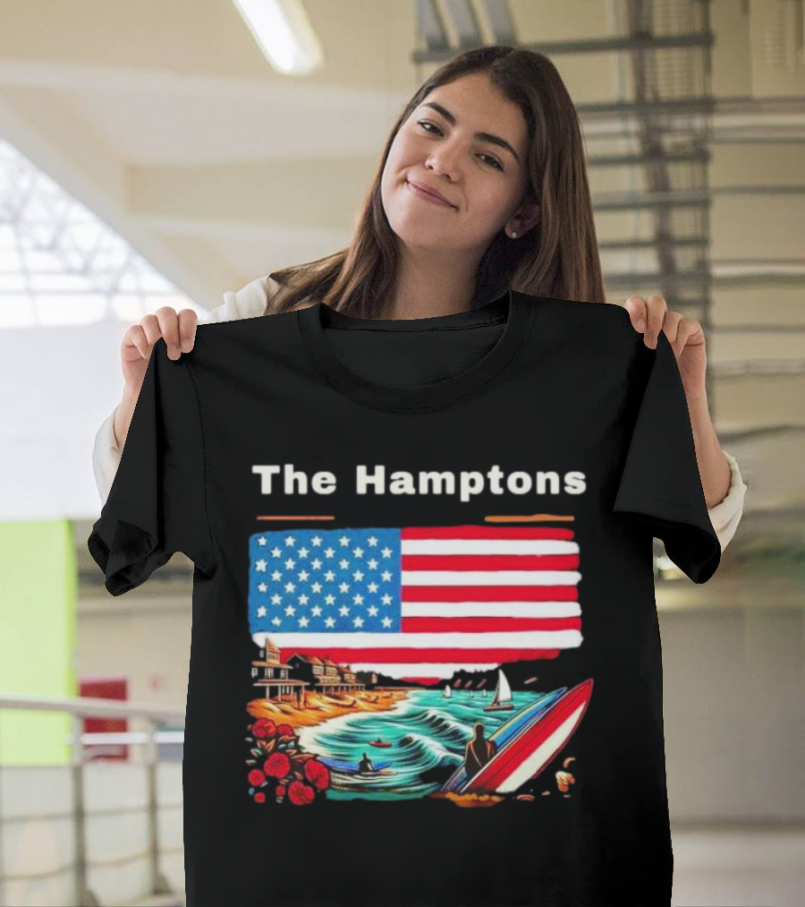 The Hamptons American Flag Beach Oceanside Surfing Scene T-Shirt