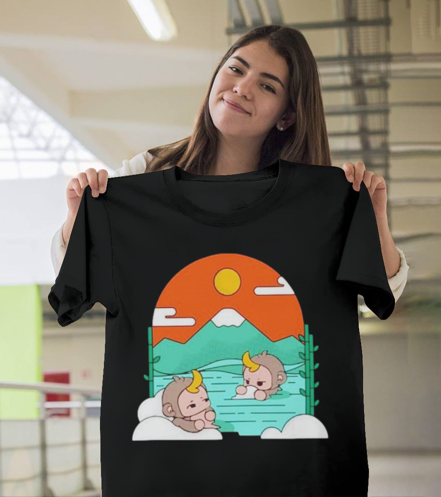 The Tranquil Monkey Hot Spring Relaxation Scene with Mountains and Sun T-Shirt