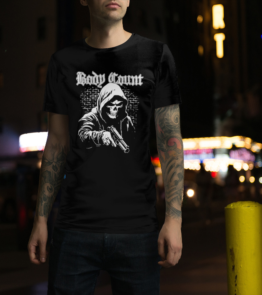 Body Count Hooded Skull With Gun Brick Wall Background T-Shirt