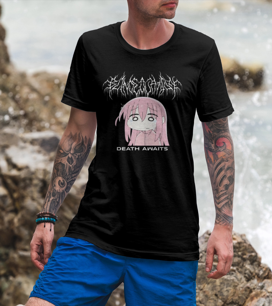 Bejalvin Death Awaits Pink Anime Character With Metal Band Style Lettering T-Shirt