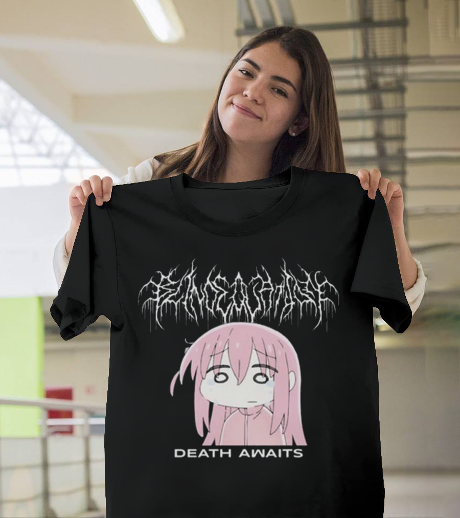Bejalvin Death Awaits Pink Anime Character With Metal Band Style Lettering T-Shirt