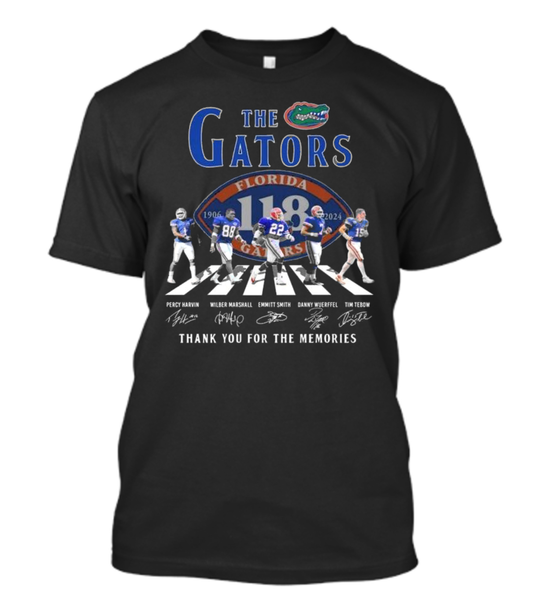 The Gators Florida 118 Years 1906-2024 Thank You For The Memories Percy Harvin Wilber Marshall Emmitt Smith Danny Wuerffel Tim Tebow T-Shirt