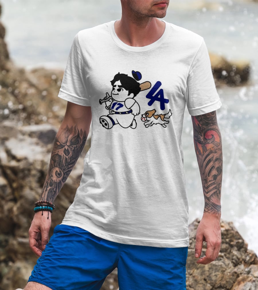 Chunkytani 10oz Fleece LA Baseball Dog And Player With Bat 17 T-Shirt