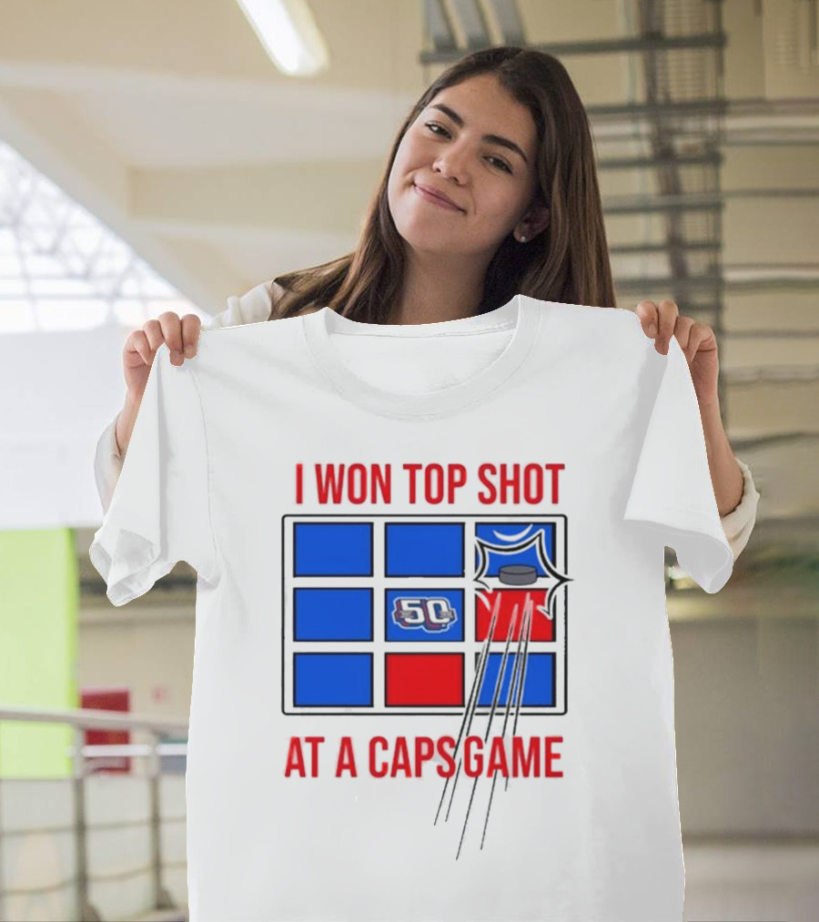 I Won Top Shot At A Caps Game 2024 Hockey Puck 50 Blue Red T-Shirt