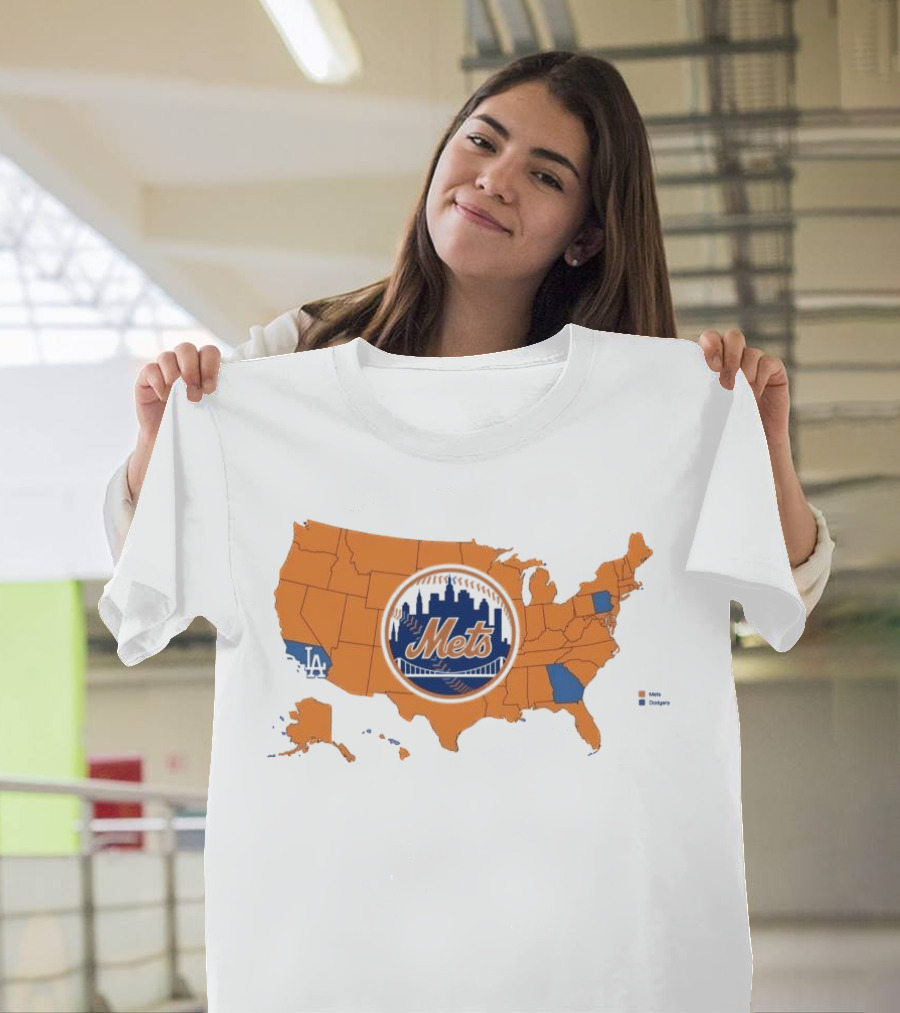 Map of America Rooting for New York Mets in NLCS MLB with Mets and Dodgers T-Shirt