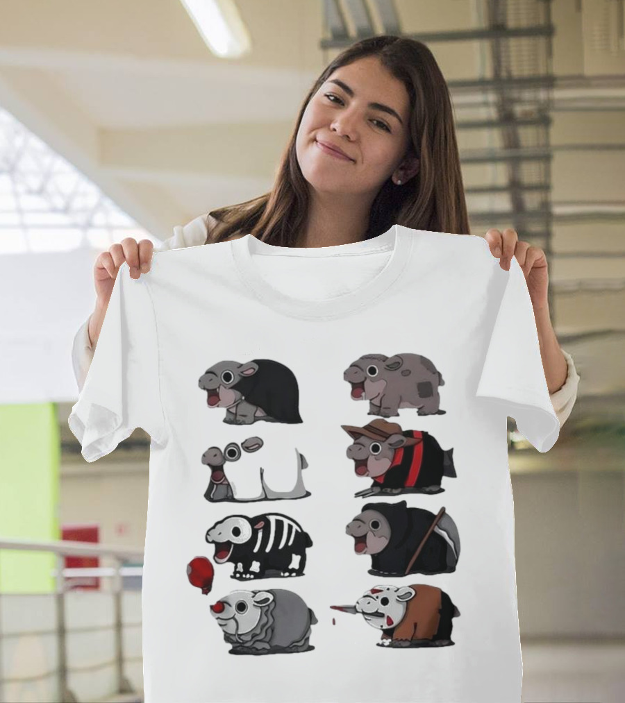 Scary Hippo Moo Deng in Horror Iconic Film Characters T-Shirt