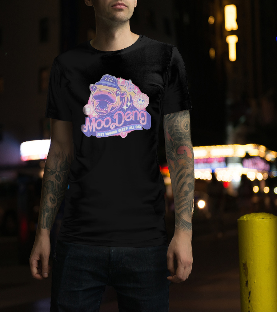 Moo Deng ZZZ Peaceful Sleep All Day With Flowers And Hearts T-Shirt