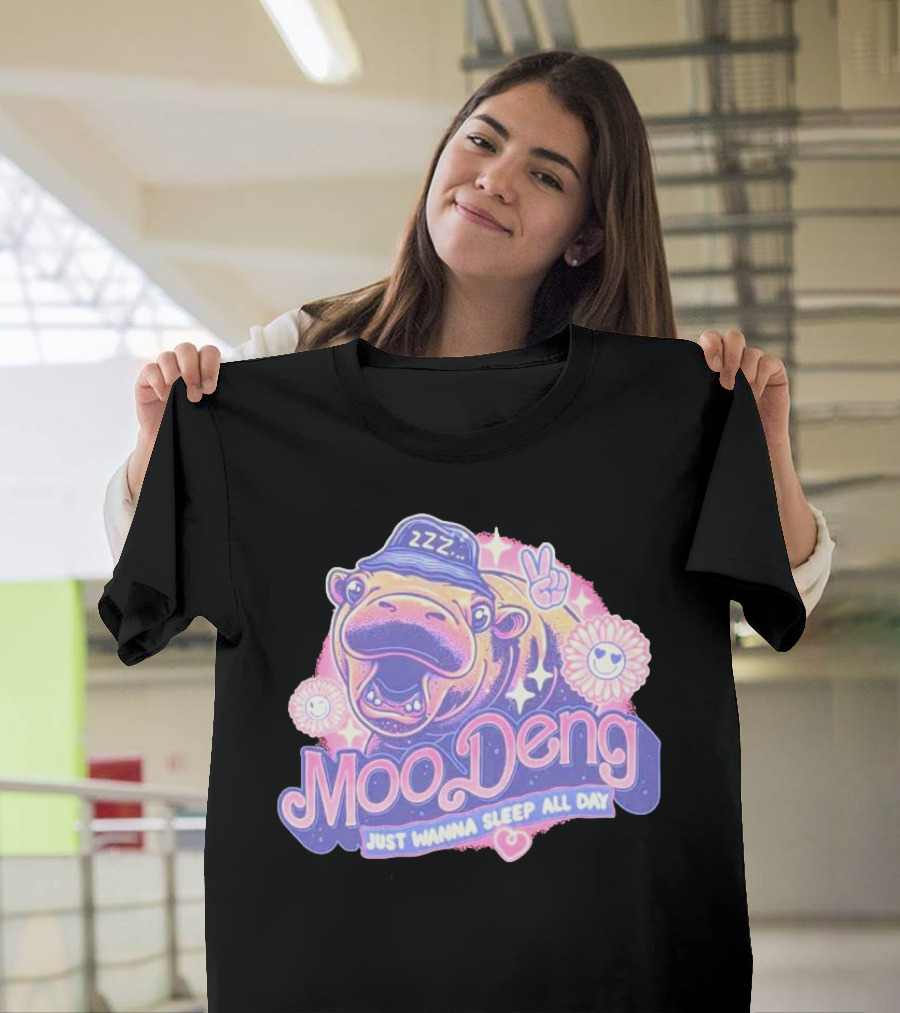 Moo Deng ZZZ Peaceful Sleep All Day with Flowers and Hearts T-Shirt