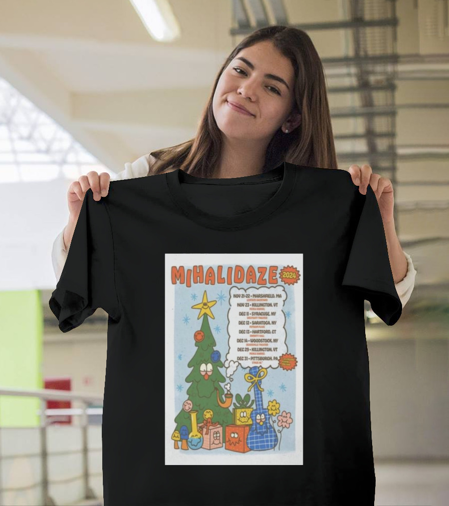 MIHALI DAZE 2024 Tour Dates Holiday Cartoon Christmas Tree and Wrapped Gifts T-Shirt