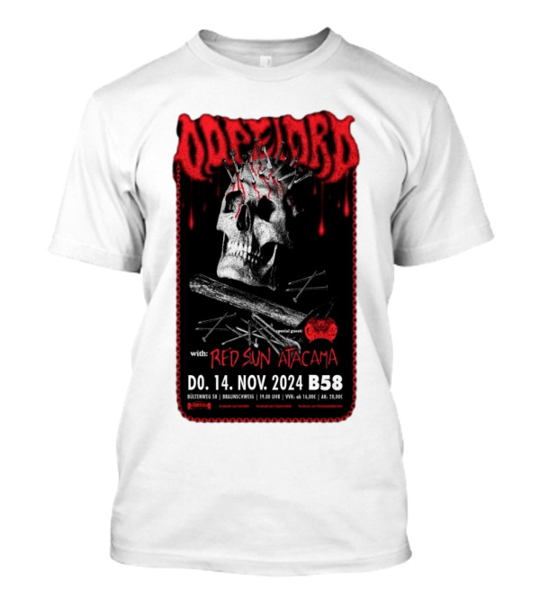 Dopelord With Red Sun Atacama Nov 14 2024 Jugendzentrum B58 Braunschweig Germany Skull Nails Cross Icons T-Shirt