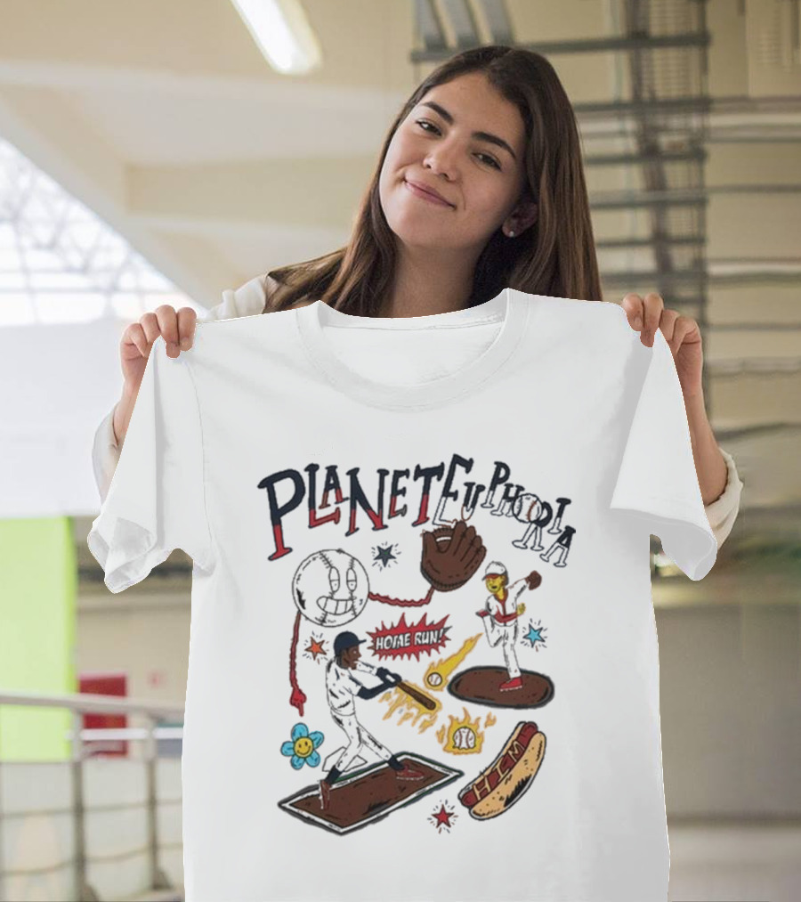 Planet Euphoria Baseball Home Run Hot Dog Illustration with Players and Glove T-Shirt