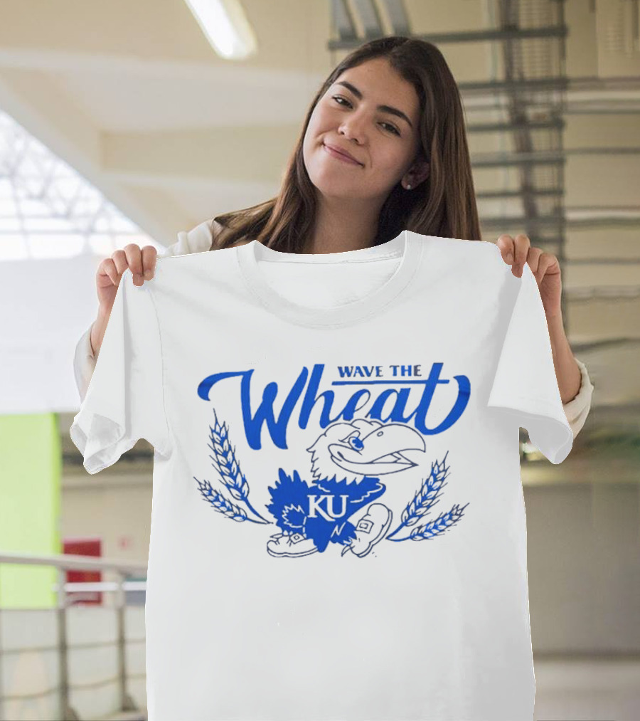 Kansas Jayhawks KU Wave the Wheat with Mascot and Wheat Stalks T-Shirt