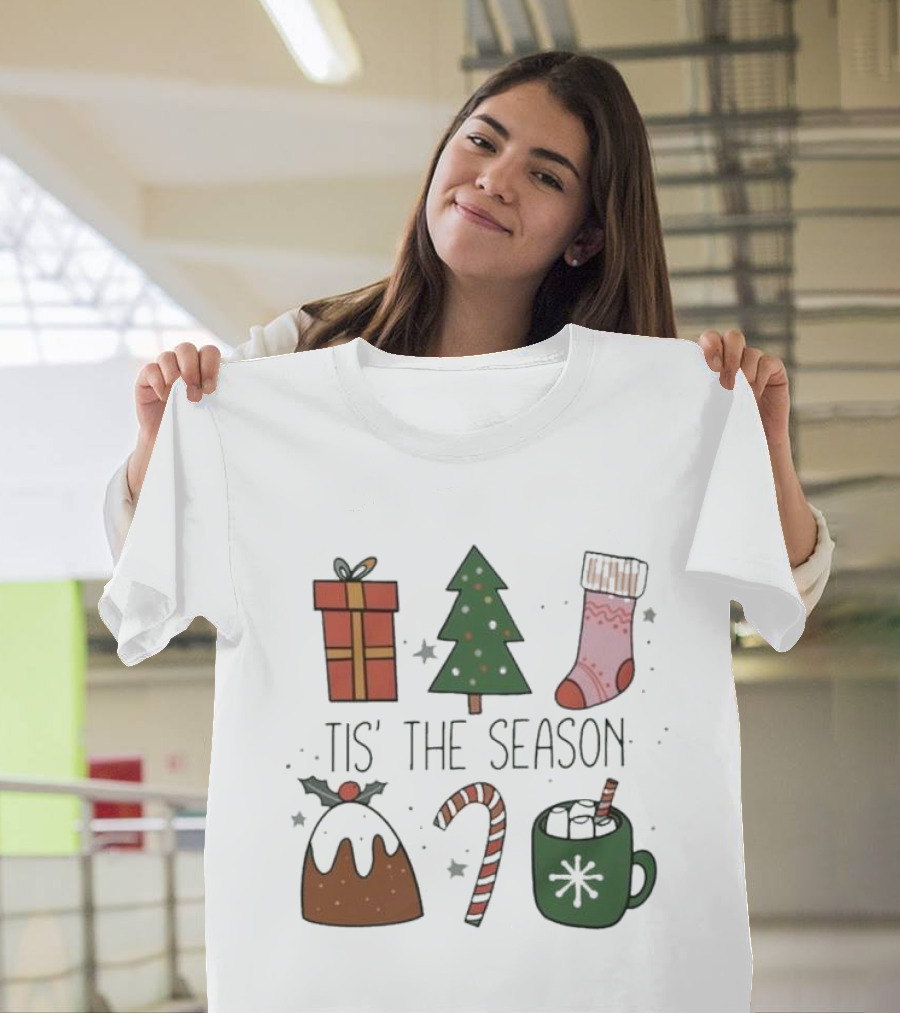 'Tis The Season Christmas Tree Stocking Gift Candy Cane Hot Chocolate T-Shirt