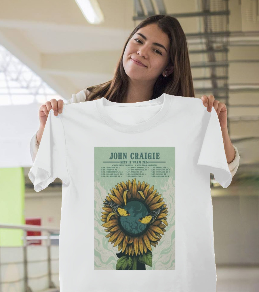 John Craigie Keep It Warm 2024 Tour with Kassi Valazza and Dean Johnson Sunflower Poster with Tour Dates T-Shirt
