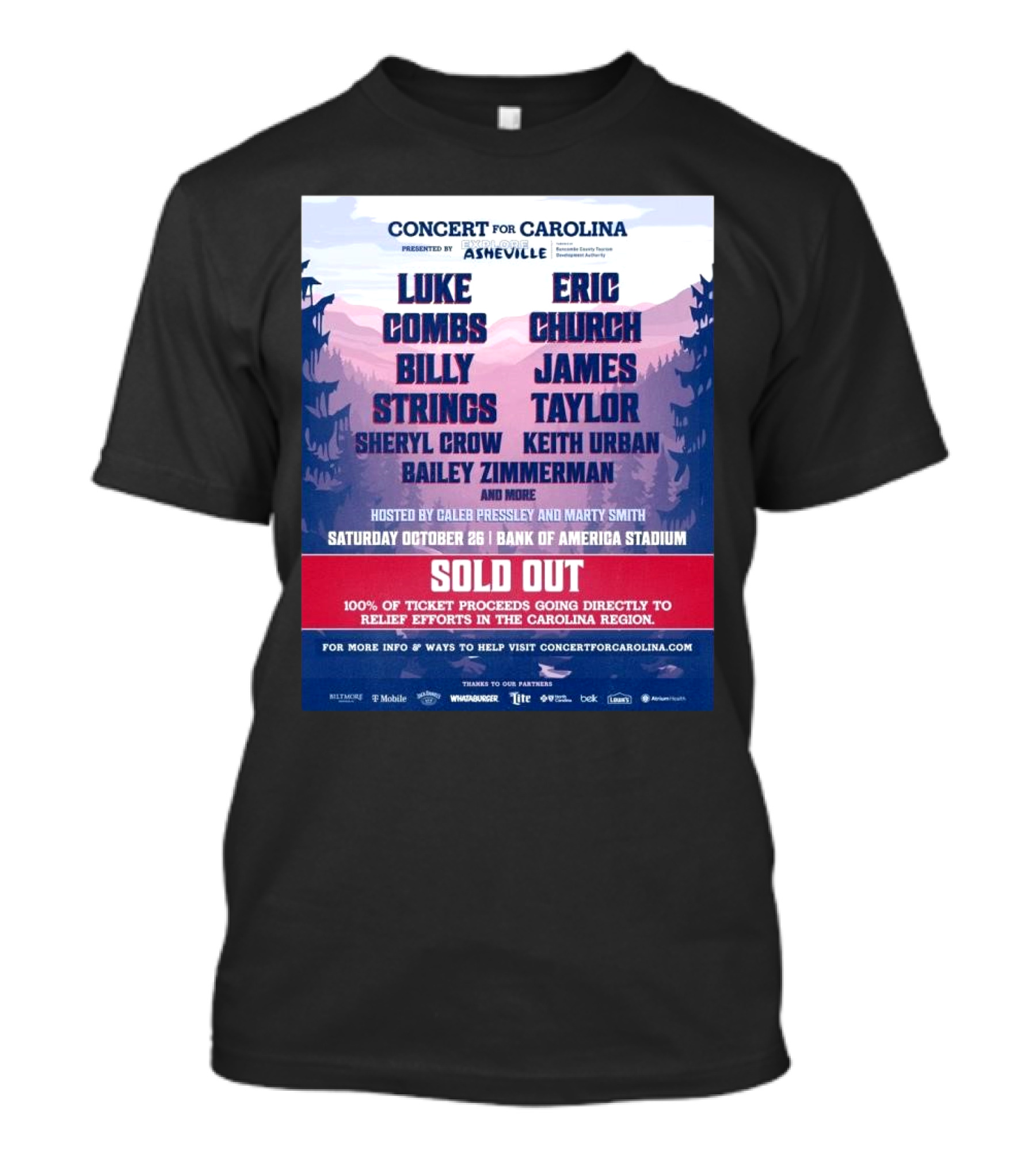 Luke Combs Eric Church Billy Strings Concert For Carolina Bank Of America Stadium October 26 2024 Sold Out T-Shirt