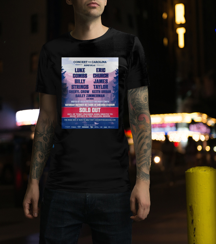 Luke Combs Eric Church Billy Strings Concert For Carolina Bank Of America Stadium October 26 2024 Sold Out T-Shirt