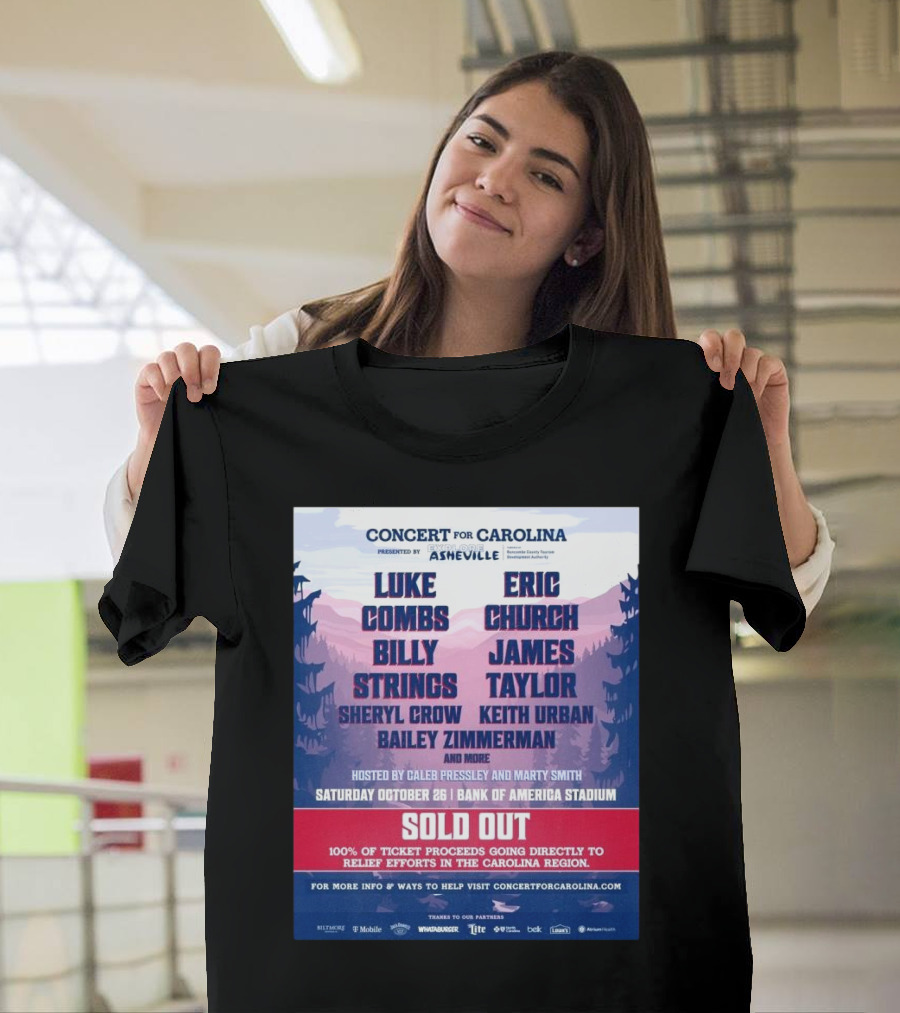 Luke Combs Eric Church Billy Strings Concert For Carolina Bank Of America Stadium October 26 2024 Sold Out T-Shirt