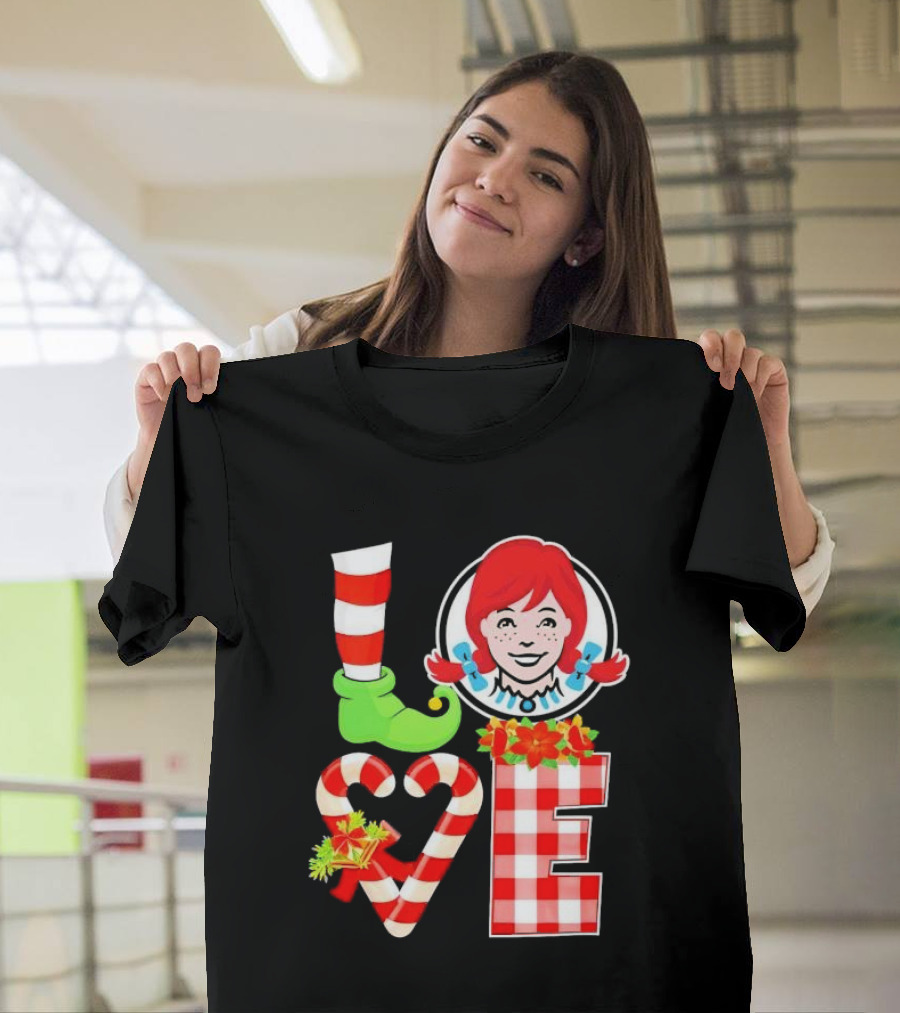 LOVE Elf Wendy’s Christmas Red Stripes Plaid Candy Cane Holiday T-Shirt