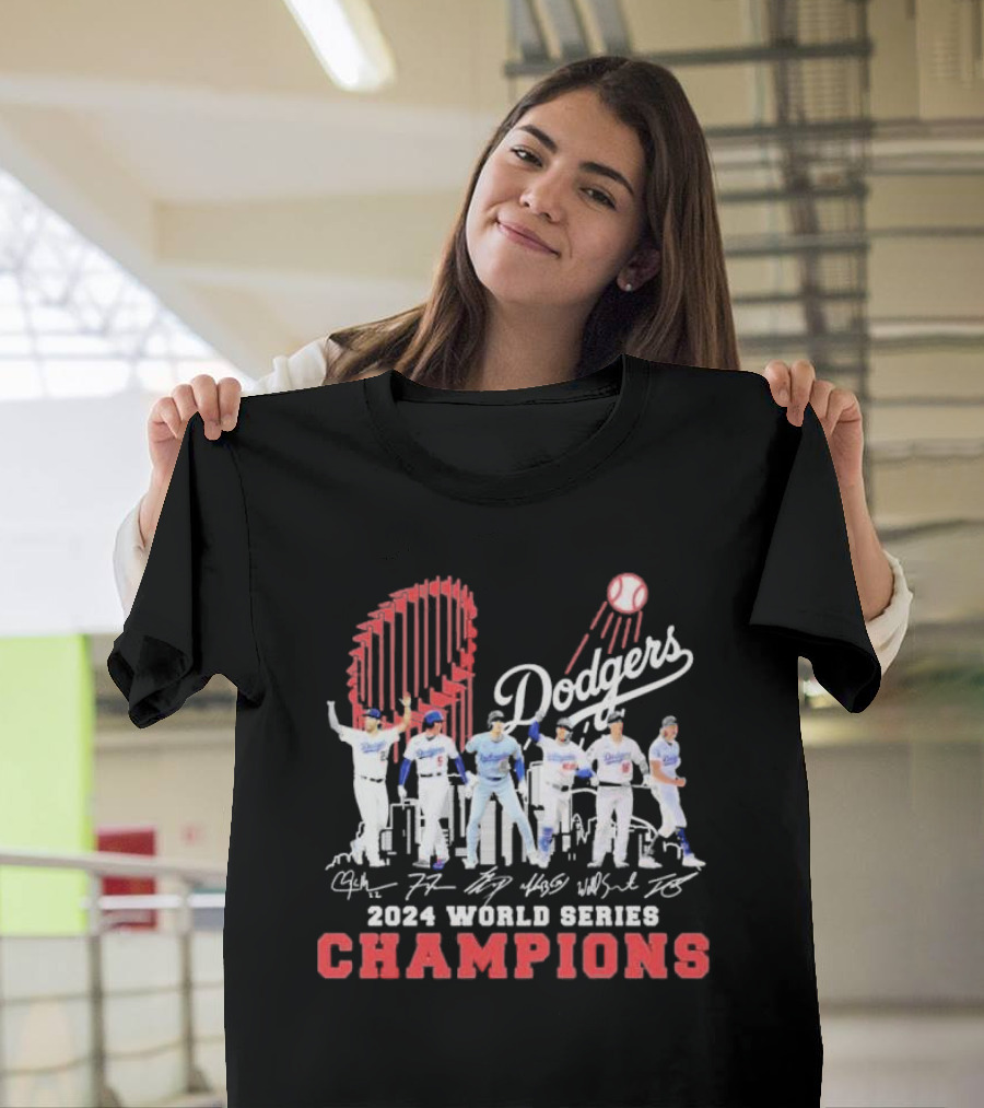 Dodgers 2024 World Series Champions City Skyline Player Signatures T-Shirt