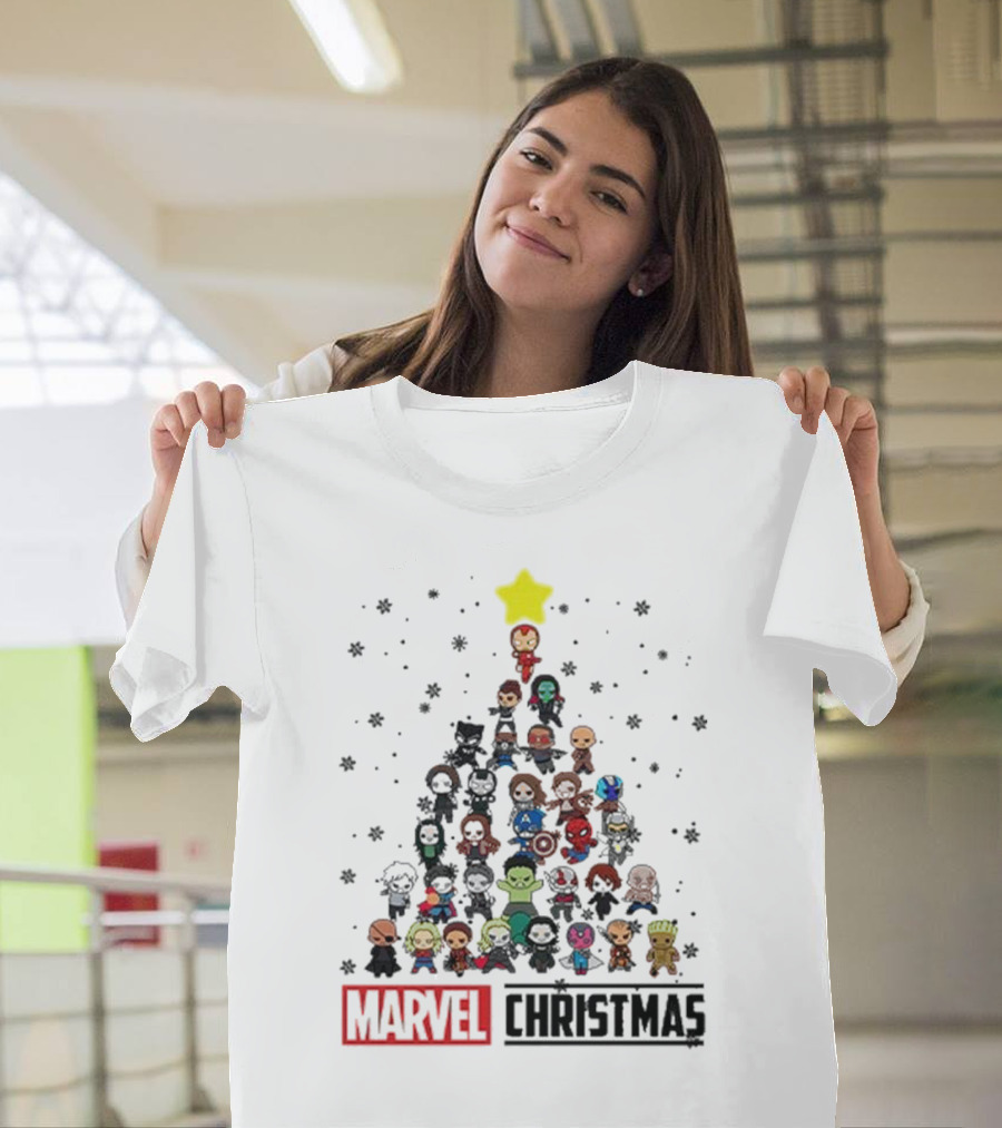 Marvel Christmas Chibi Avengers Characters Tree T-Shirt