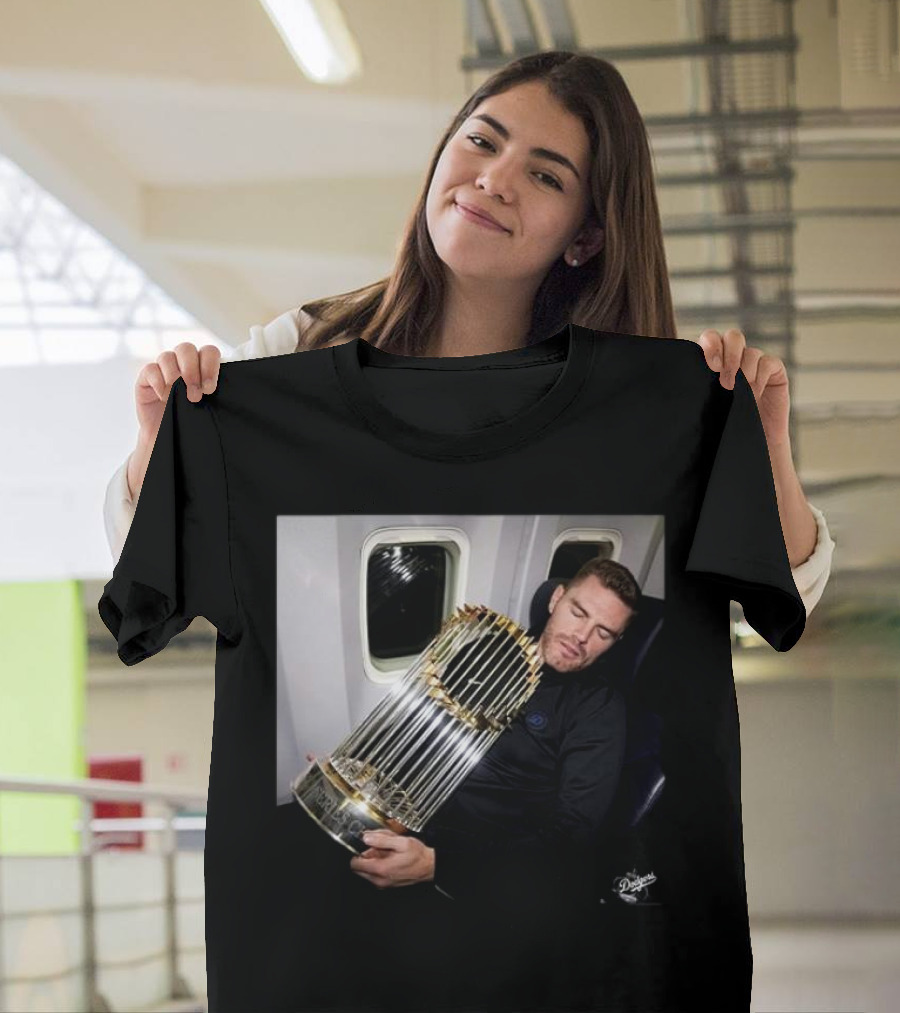 Freddie Freeman Dodgers Sleeping with World Series Trophy Airplane Image T-Shirt