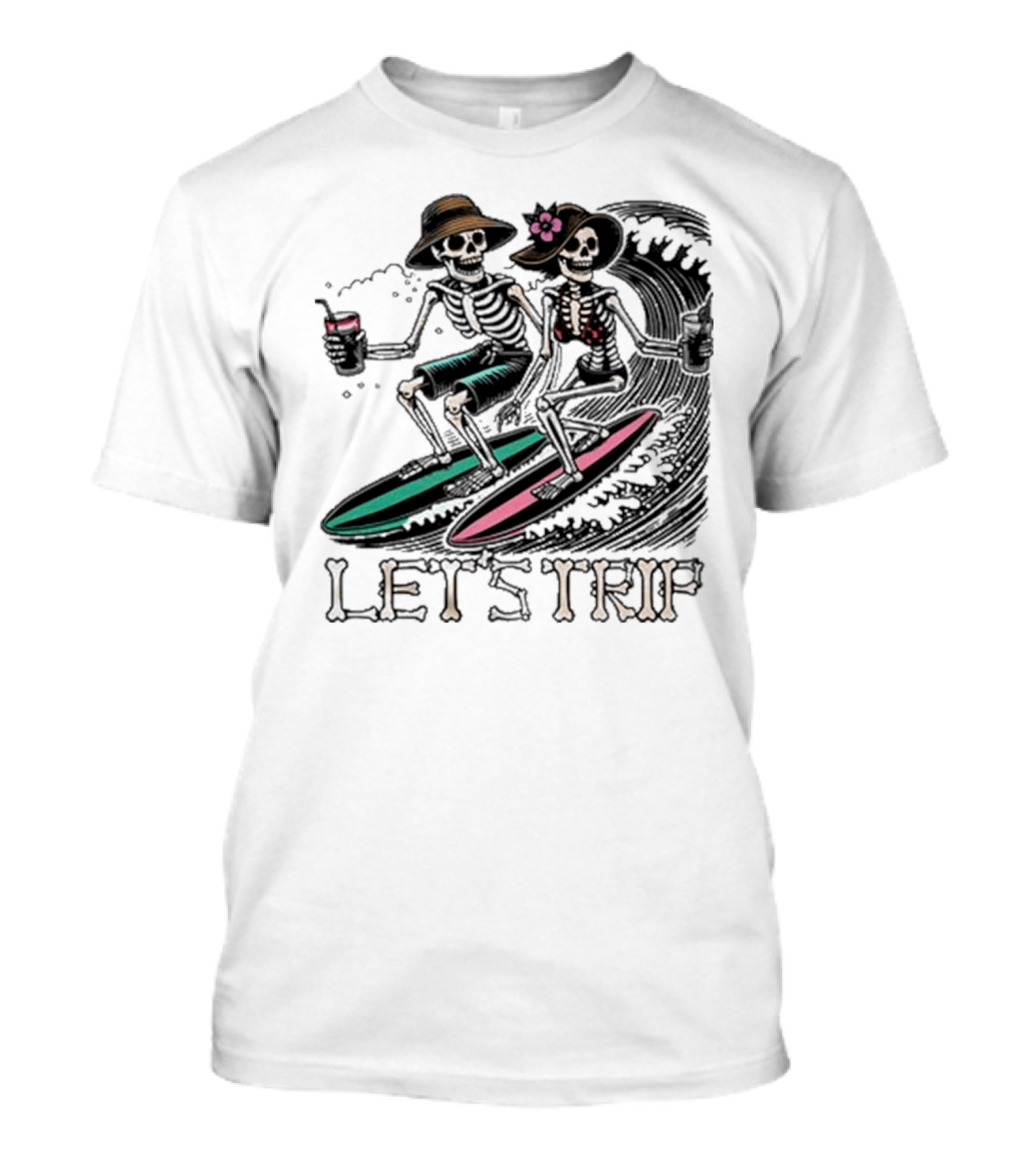 Let’s Trip Skeleton Surf Beach Vibes Retro Skeletons Surfing Waves T-Shirt