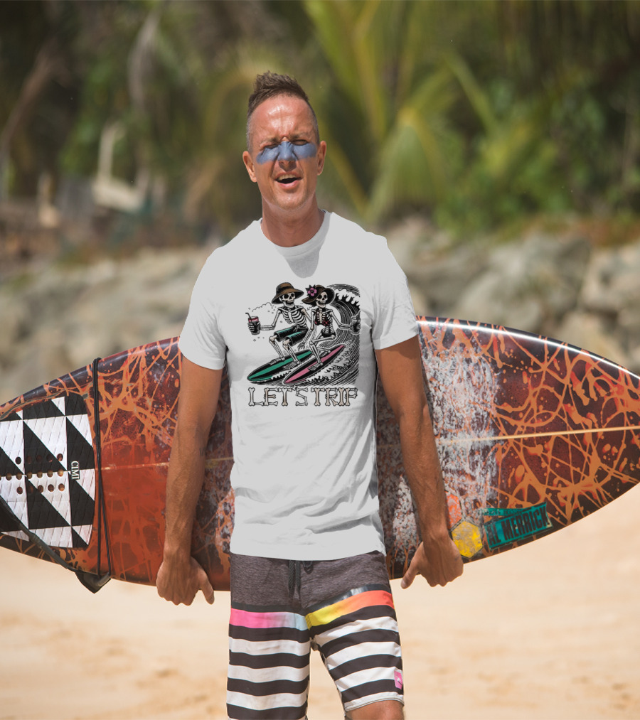 Let’s Trip Skeleton Surf Beach Vibes Retro Skeletons Surfing Waves T-Shirt
