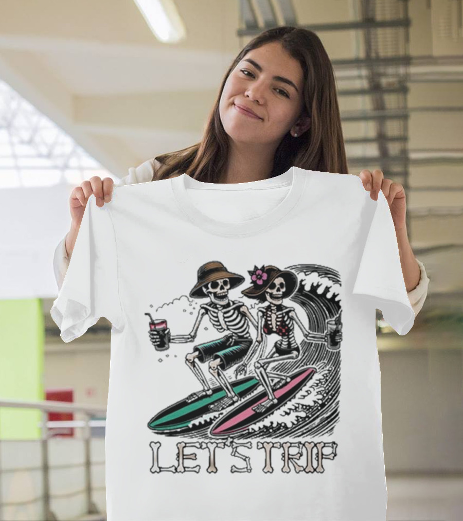 Let’s Trip Skeleton Surf Beach Vibes Retro Skeletons Surfing Waves T-Shirt