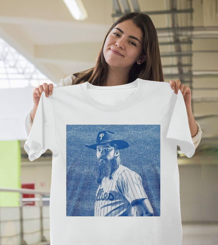 Philadelphia Phillies Brandon Marsh 2024 Pinstripe Blue Cowboy Hat T-Shirt