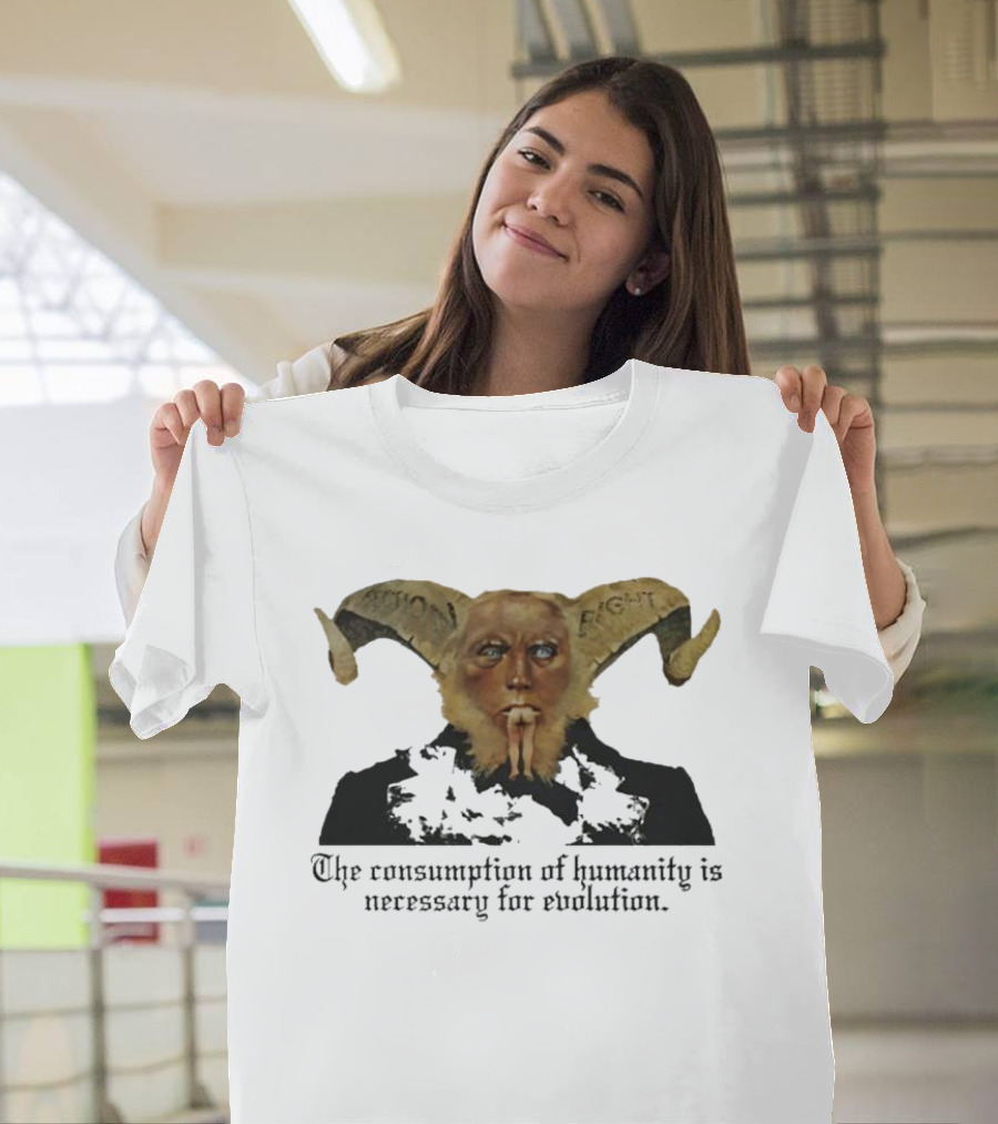 The Consumption of Humanity Is Necessary for Evolution Goat Mask Figure T-Shirt