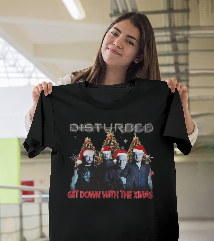 Disturbed Get Down With The Xmas Christmas 2024 Santa Hats Band Members Holiday Trees T-Shirt