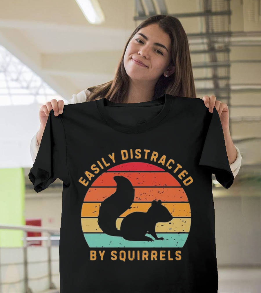 Easily Distracted By Squirrels Justice For Peanuts 2024 Retro Sunset Squirrel T-Shirt
