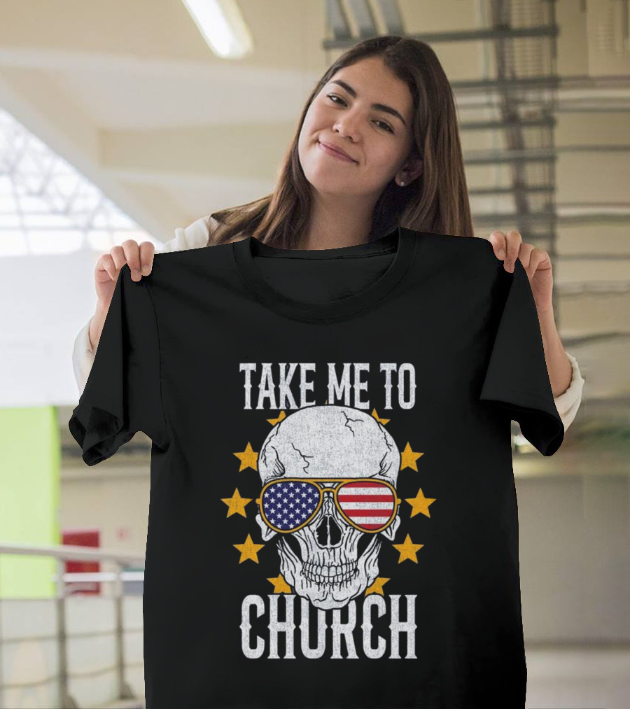 Take Me To Church Skull American Flag Sunglasses T-Shirt