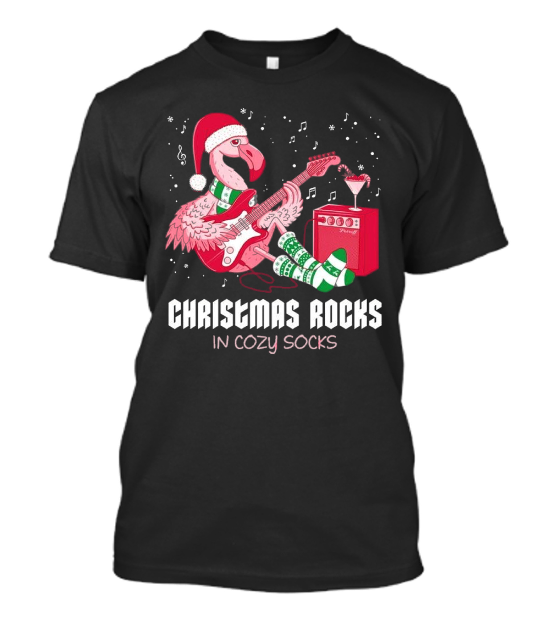 Christmas Rocks In Cozy Socks Flamingo Festive Vibes T-Shirt