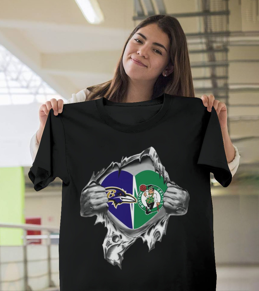Blood Inside Me Baltimore Ravens Boston Celtics 2024 Heart T-Shirt