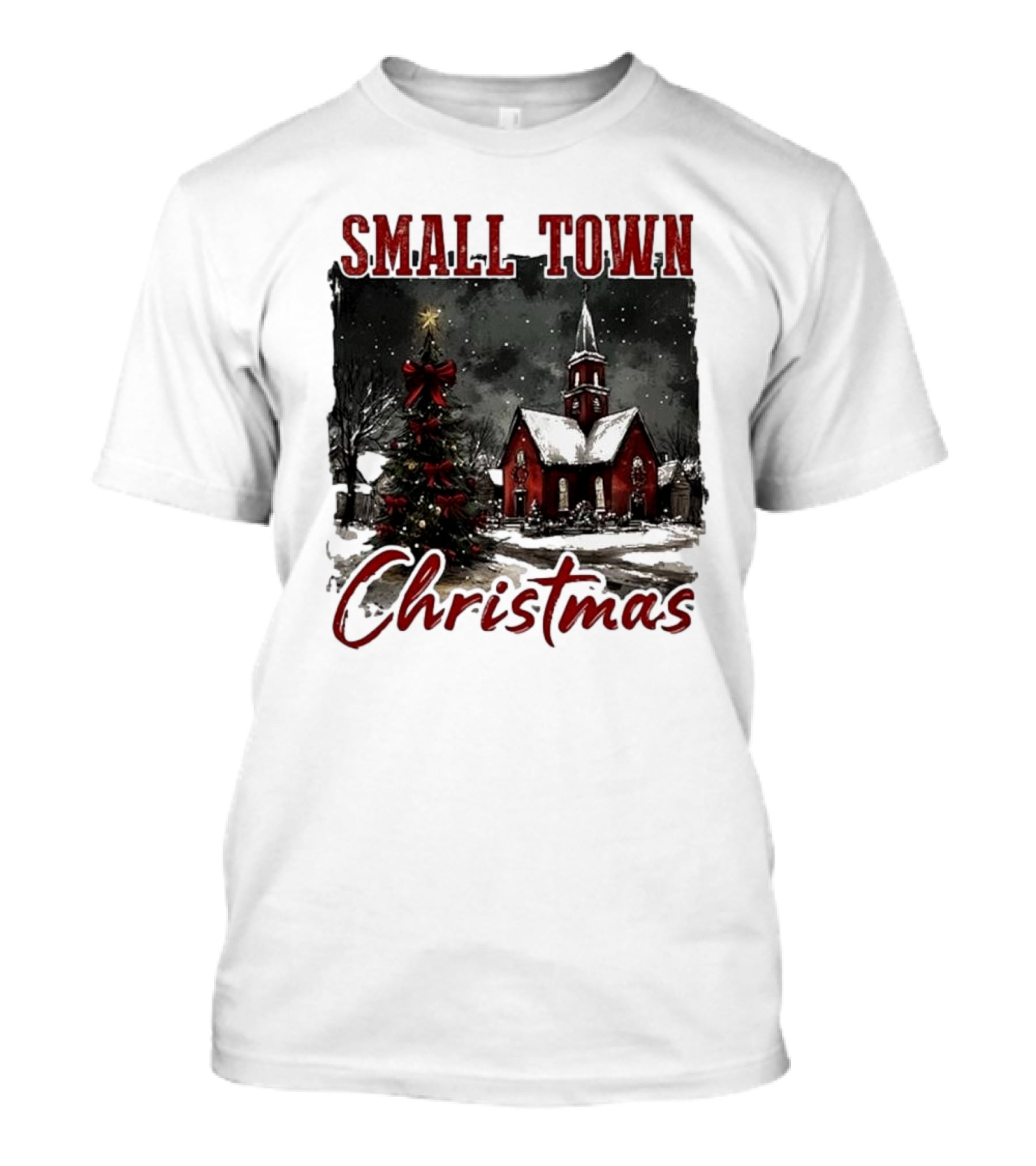 Vintage Retro Small Town Christmas Church Scene T-Shirt