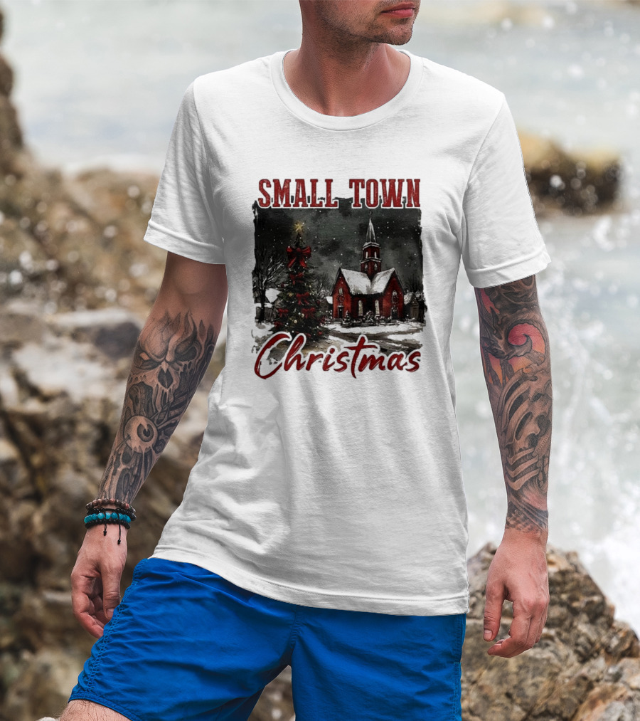 Vintage Retro Small Town Christmas Church Scene T-Shirt
